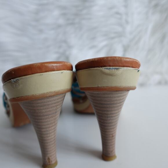 Clarks Y2K Clio Teal Blue Suede Slip-on Tan Leather Wooden High Heels - Picture 9 of 13